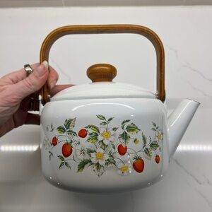 Vintage Enamel Strawberry Floral Tea Kettle Wooden Handle Accents